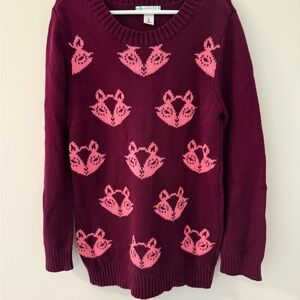 Girls Fox Pattern Sweater - Burgundy and Pink #00032